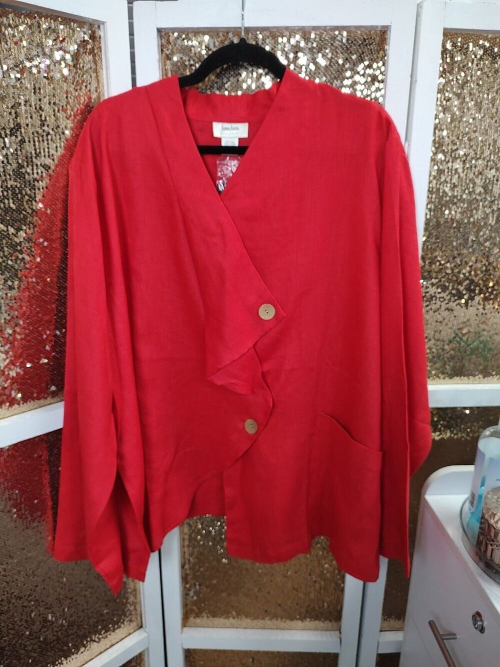Women's Plus Red 100% Linen Blouse 2xl Neiman Marcus Exclusive